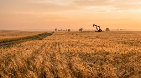 Wheat field at golden hour with the silhouette of an oil pumpjack on the horizon